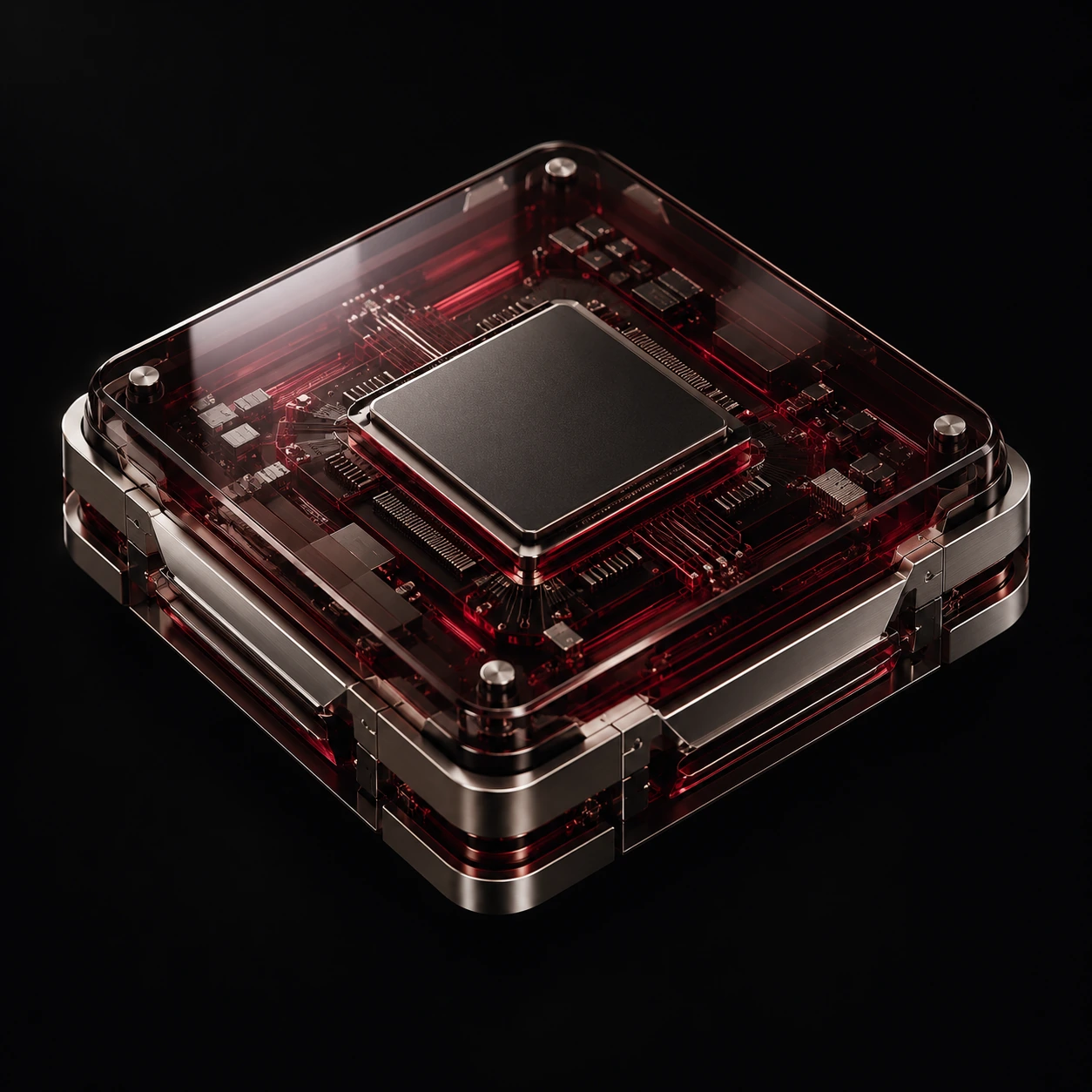 A layered computing core illuminated in burgundy