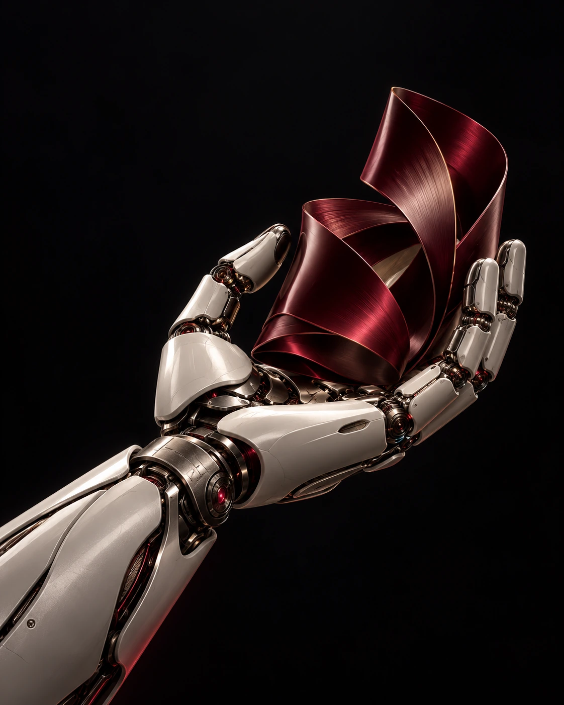 A robotic hand holding a precisely crafted burgundy sculpture